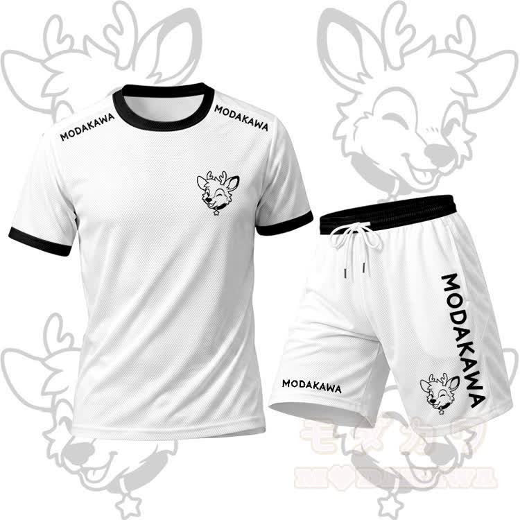 MODAKAWA X popipeko Herren-Sport-T-Shirt mit Hirschmotiv und passender Shorts mit Kordelzug - Weißes Set - 5XL - image 12