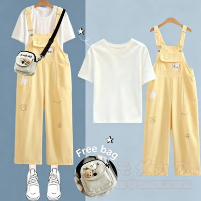 Zweiteiliges Set aus weißem Kurzarm-T-Shirt im College-Stil mit Print und weitem Bein sowie bedruckter Latzhose. - Gelbes Set - XL - image 6