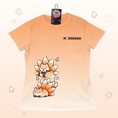 Modakawa-Outfit mit Farbverlauf und neunschwänzigem Fuchs-Motiv - Orange & White T-shirt - 5XL - image 3