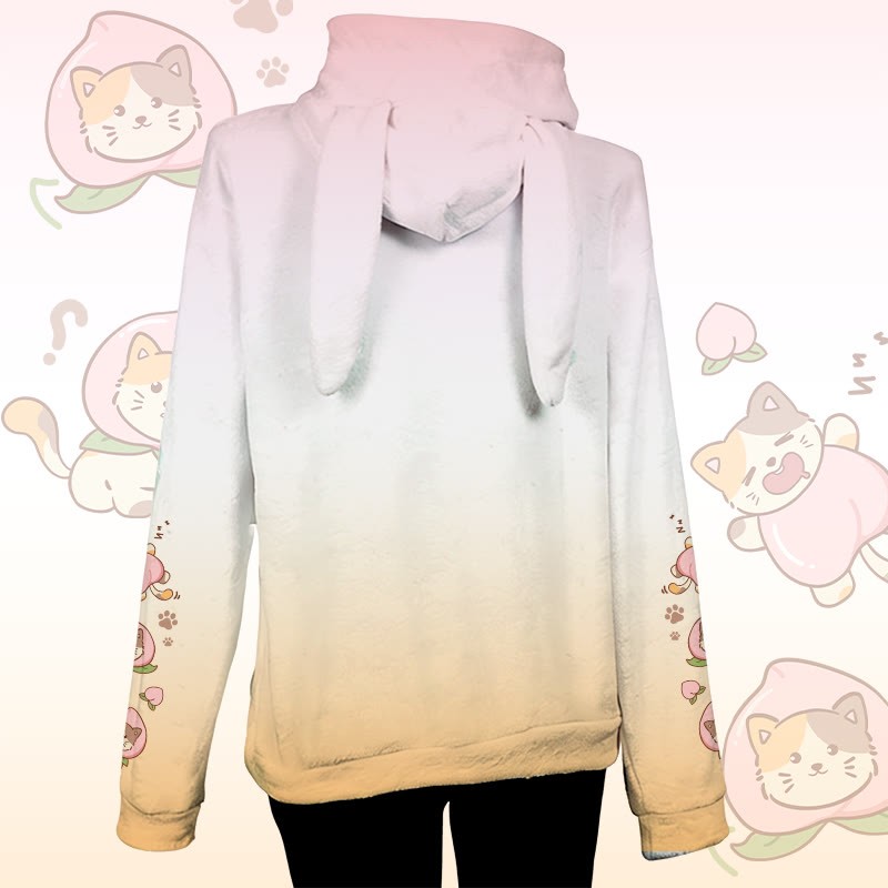 MODAKAWA Farbverlauf-Pfirsichfarbener Katzen-Plüschhoodie mit Hasenohren - image 3