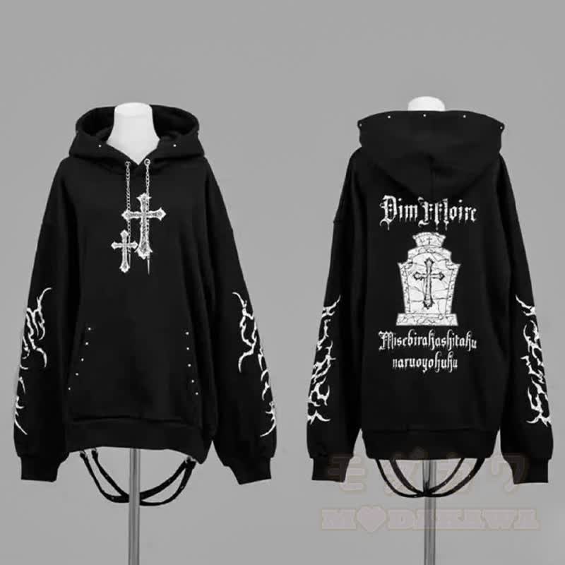  Y2K Gothic Cross Print Oversized Langarm-Hoodie-Sweatshirt - image 5