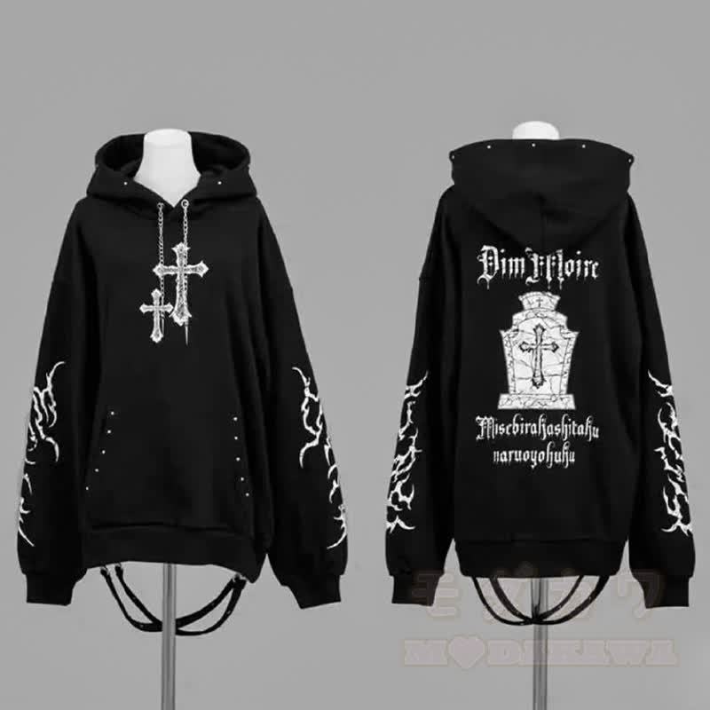  Y2K Gothic Cross Print Oversized Langarm-Hoodie-Sweatshirt - image 5