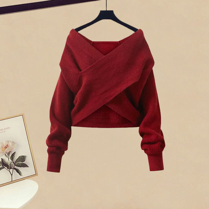 Schwarzes Top mit Kreuzstrickmuster, karierter Meerjungfrauenrock, passendes Outfit - Sweater - XL - image 2