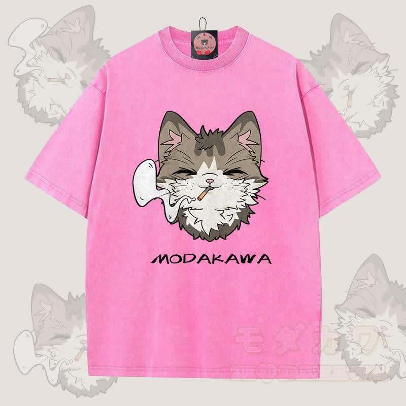 MODAKAWA Smoking Cat Grafik Unisex Vintage Washed T-Shirt - Rosenrot - 5XL - image 8