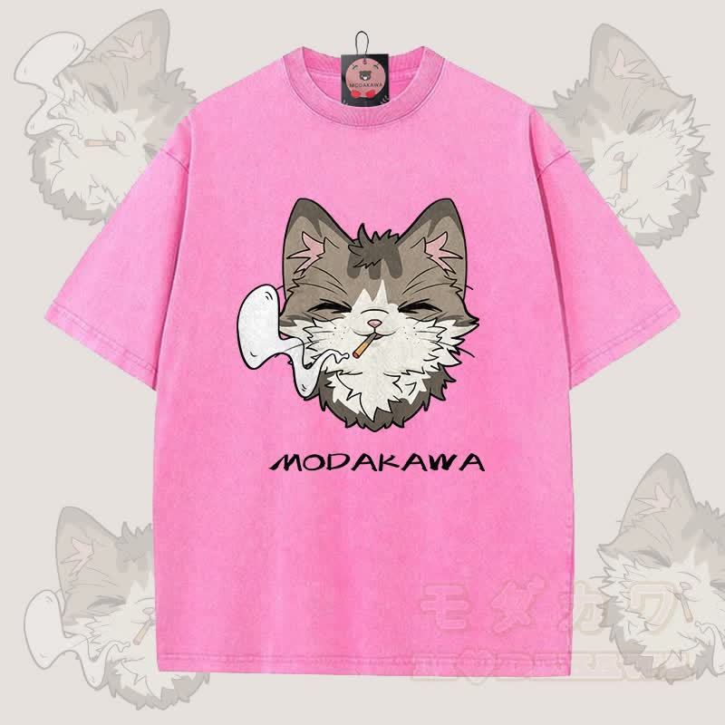 MODAKAWA Smoking Cat Grafik Unisex Vintage Washed T-Shirt - Rosenrot - 5XL - image 8