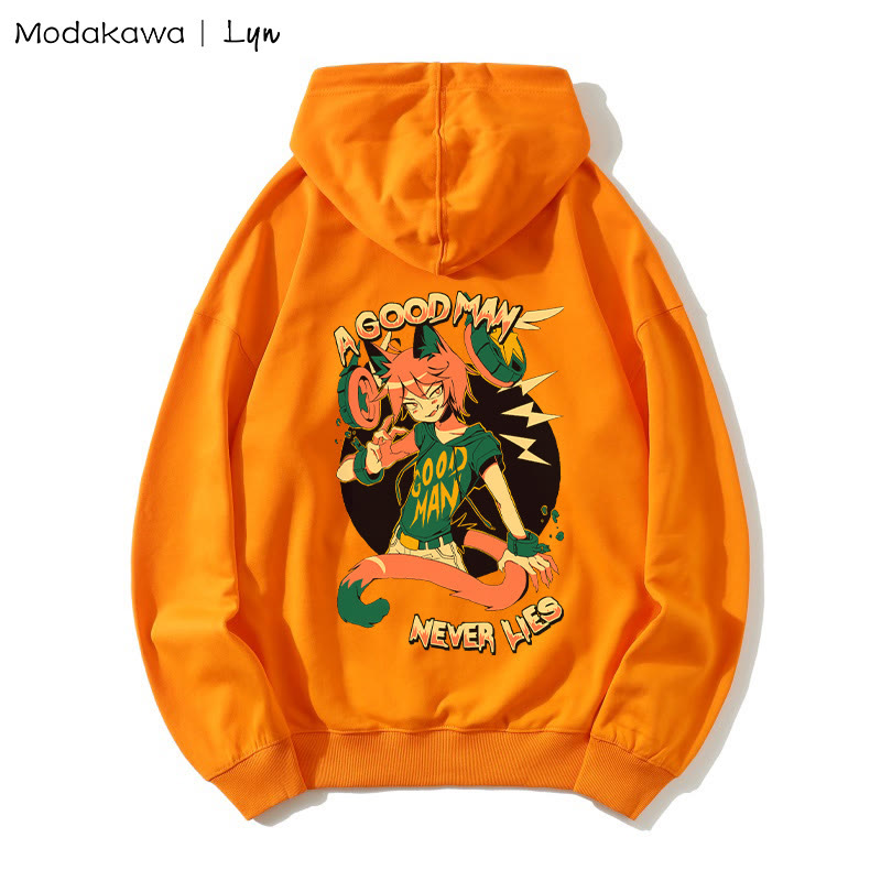 MODAKAWA X Lyn – Lockerer Hoodie mit Kitty-Man-Print „A GOOD MAN NEVER LIES“ - Orange - 5XL - image 3