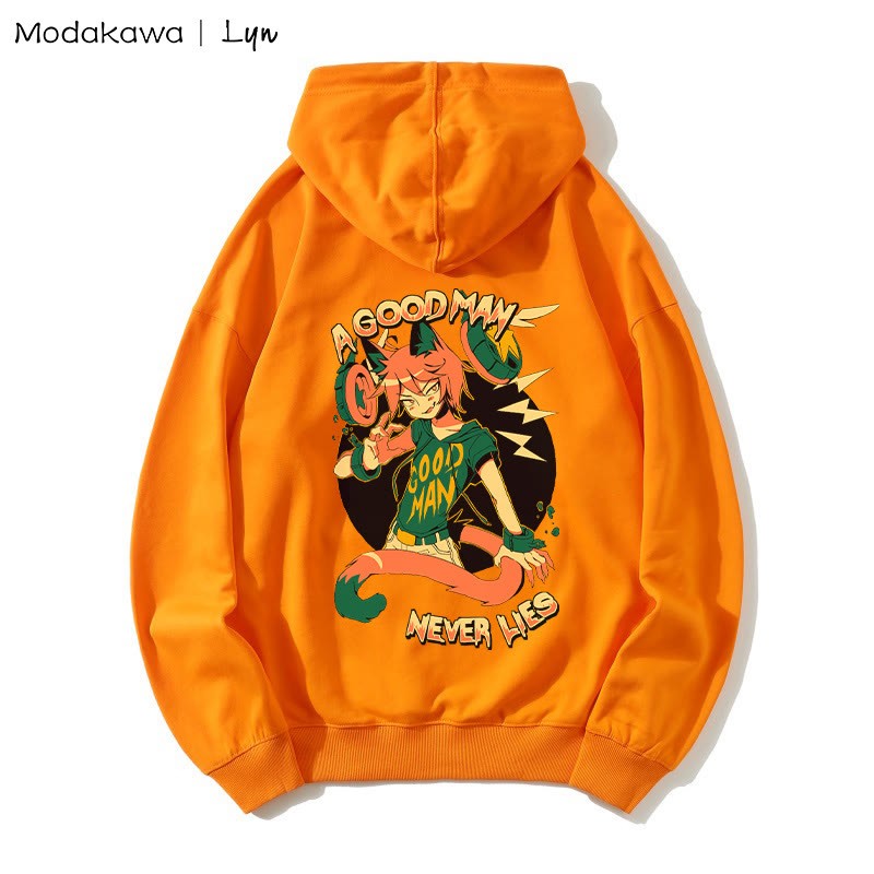 MODAKAWA X Lyn – Lockerer Hoodie mit Kitty-Man-Print „A GOOD MAN NEVER LIES“ - Orange - 5XL - image 3