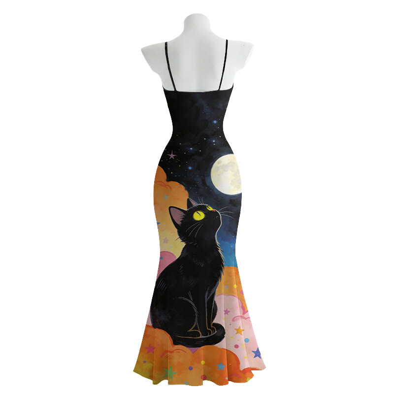 Katzen-Mond-Grafik Spaghetti-Träger Maxi Meerjungfrauenkleid - image 3