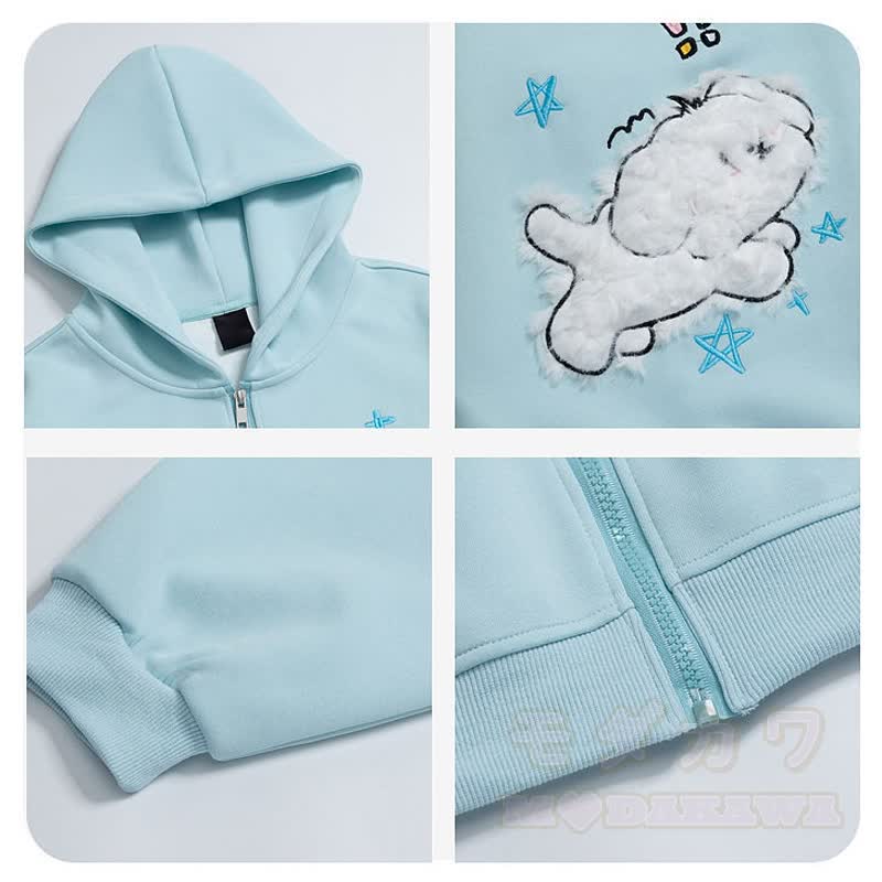 Kawaii Welpenstickerei, lockerer Kapuzenpullover mit Reißverschluss, lockere Passform - image 7