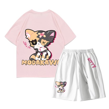Sad Kitty Grafik Dark Aesthetic T-Shirt Shorts Zweiteiliges Set - Rosa&Weiß - A - 5XL - image 10