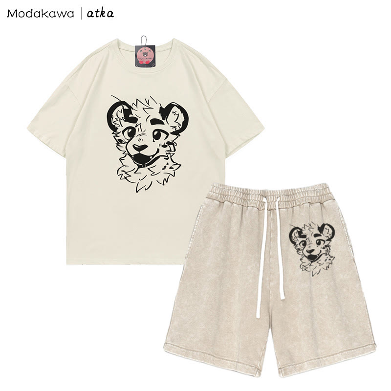 Freches T-Shirt mit Tigergesicht-Grafik und verwaschenen Vintage-Shorts, zweiteiliges Set - Beige - 3XL - image 5