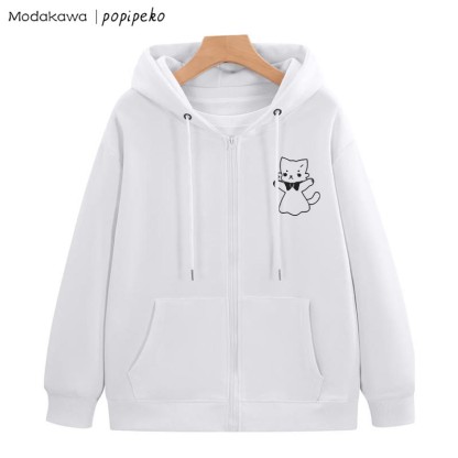 MODAKAWA X popipeko Open Arms Kitty Graphic Zip Up Hoodie Sweatshirt - White - 5XL - image 4