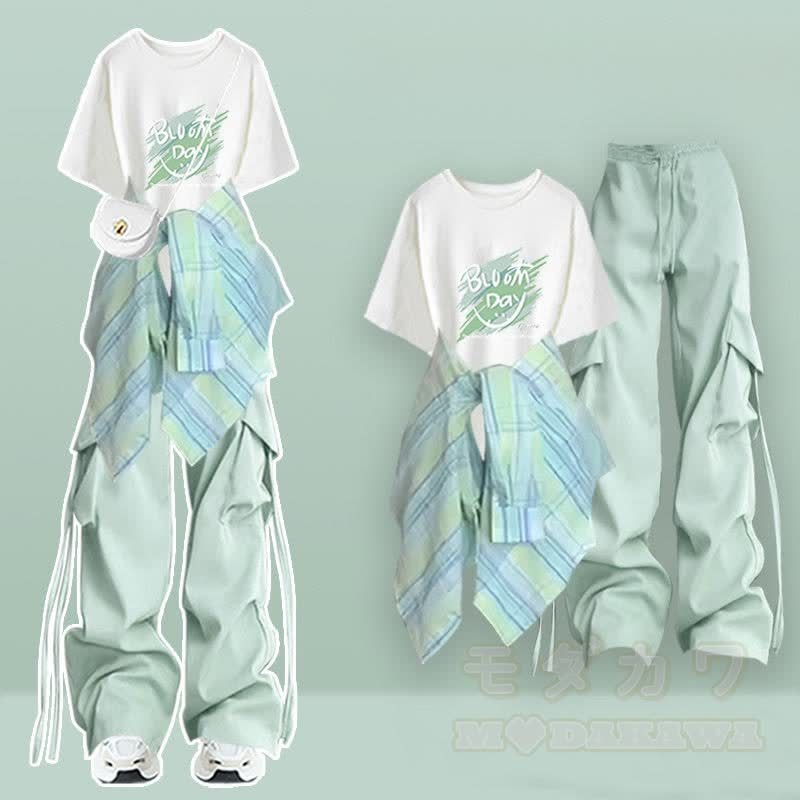 T-Shirt mit Buchstabenaufdruck, kariertes Hemd, weite Hose, passendes Outfit - Dreiteiliges Set F - XL - image 6