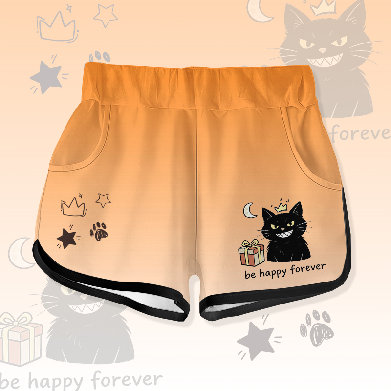 Sei für immer HAPPY! Modakawa Shorts mit schwarzem Katzenmotiv und Farbverlauf - Orange - 5XL - image 3