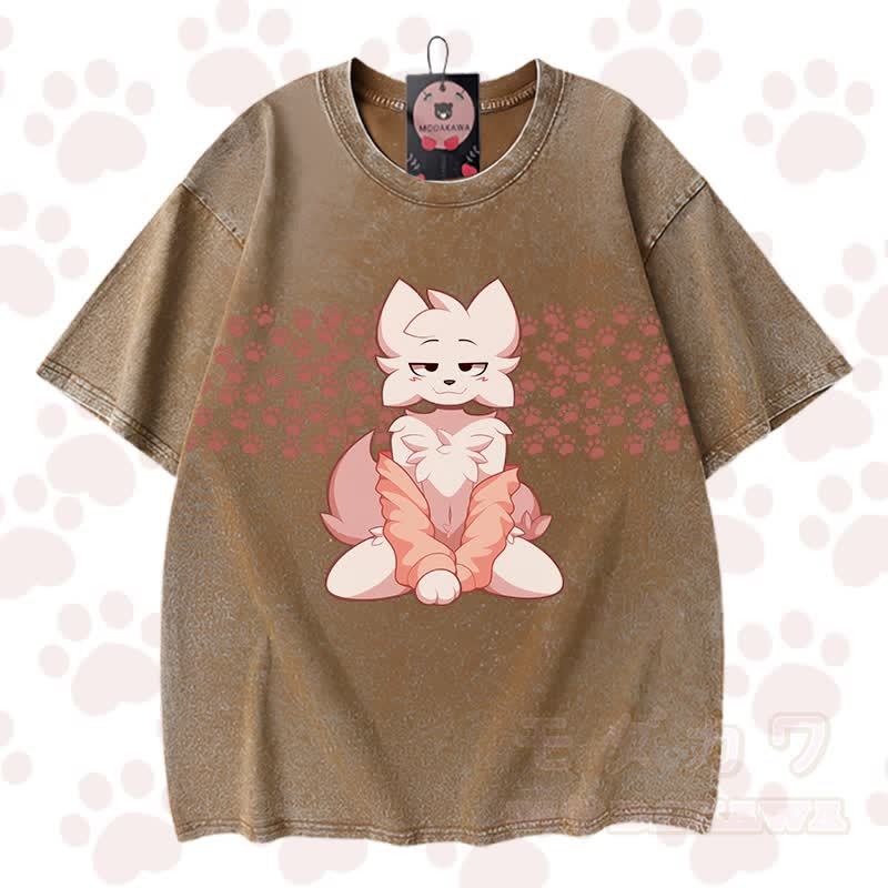 MODAKAWA X zarckets Chic Anime Fox Graphic Vintage Washed 100% Cotton T-Shirt - Braun - 3XL - image 6
