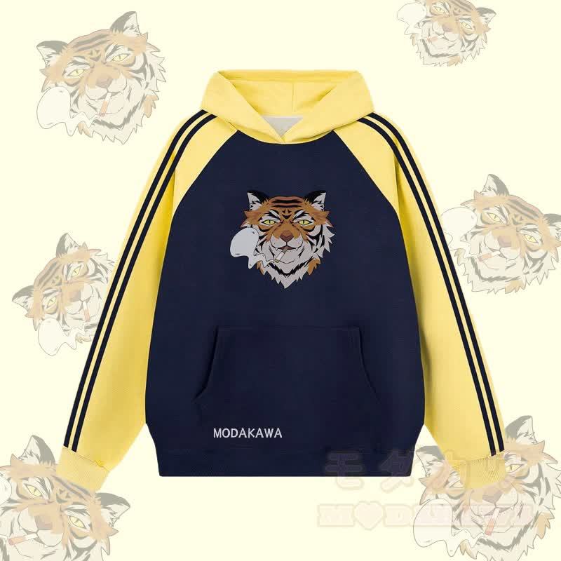 MODAKAWA Smoking Tiger Graphic Farben Block Fleece Lined Hoodie - Purpurblau - 2XL - image 3