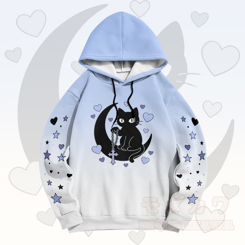 Modakawa Pullover-Hoodie mit Farbverlauf, schwarzer Katze und Mond-Grafik - Blau A - 6XL - image 4
