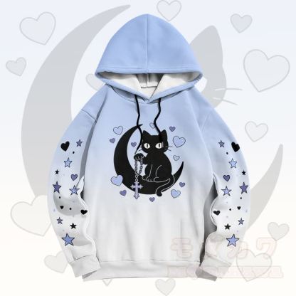 Modakawa Pullover-Hoodie mit Farbverlauf, schwarzer Katze und Mond-Grafik - Blau A - 6XL - image 4