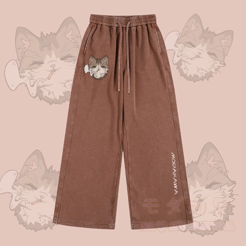 MODAKAWA Smoking Kitty Grafik Vintage Washed Adjustable Hem Pants - Braun - 2XL - image 3