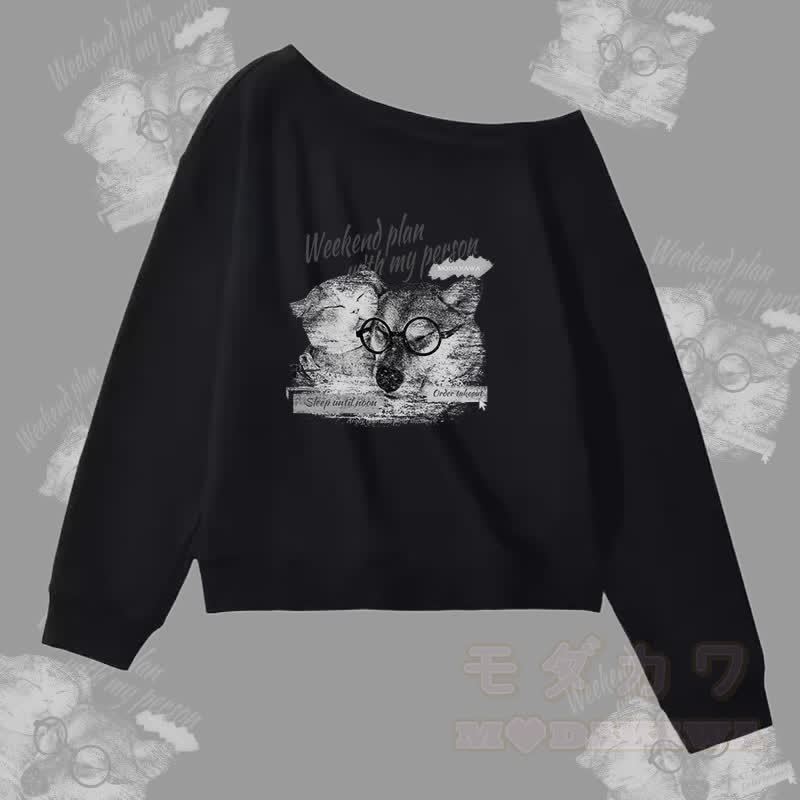 MODAKAWA WOCHENENDPLAN MIT MEINER PERSON Welpen- und Katzenmotiv-Sweatshirt mit schulterfreiem Oberteil - Schwarz - L - image 4