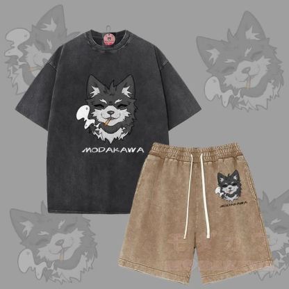 MODAKAWA Smoking Puppy Grafik Vintage Washed T-Shirt Shorts Zweiteiliges Set - Schwarz & Braun - 3XL - image 3