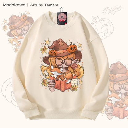 MODAKAWA X Arts by Tamara Witch And Her Fox Halloween Grafik Unisex Sweatshirt - Beige - 5XL - image 3