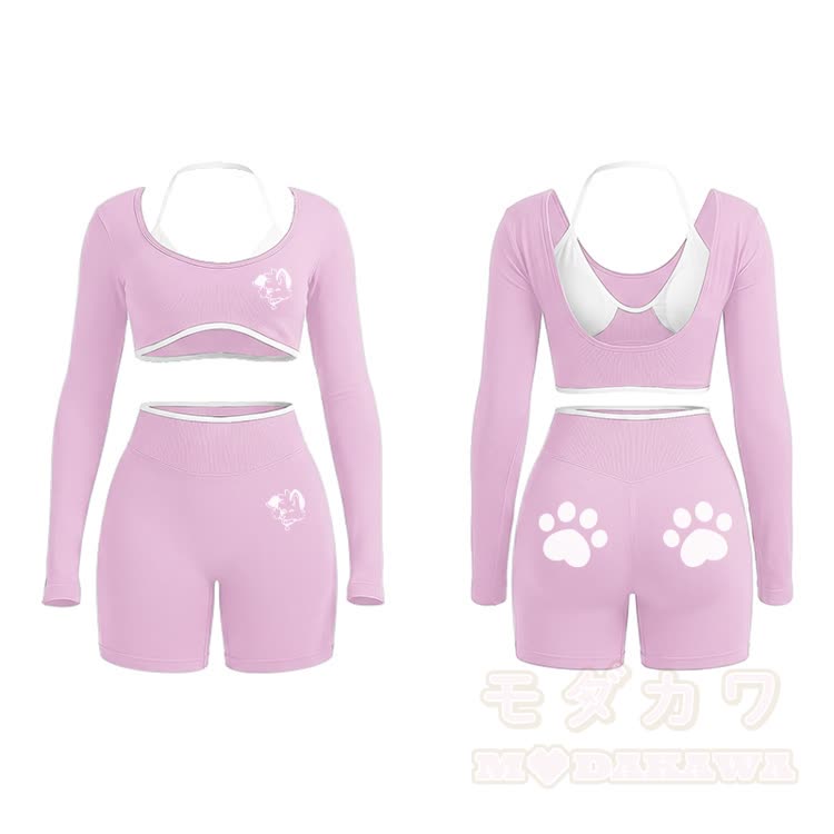 MODAKAWA X popipeko Puppy Graphic Tight Long Sleeve Yoga Top & Shorts Set - Pink - XL - image 7
