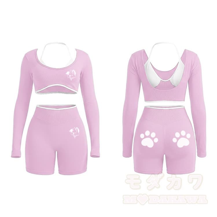 MODAKAWA X popipeko Puppy Graphic Tight Long Sleeve Yoga Top & Shorts Set - Pink - XL - image 7
