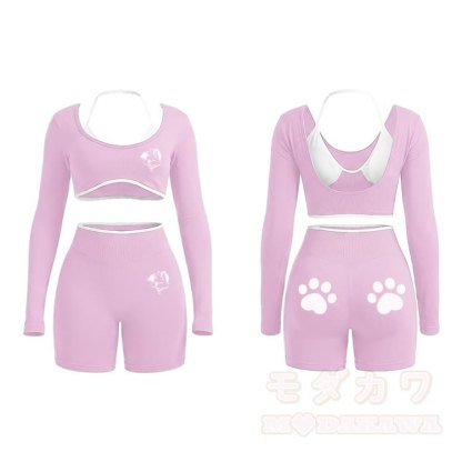MODAKAWA X popipeko Puppy Graphic Tight Long Sleeve Yoga Top & Shorts Set - Pink - XL - image 7