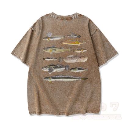 Modakawa Marine Fish Print Washed Loose Oversized Kurzarm-T-Shirt - Kaffee - 3XL - image 4