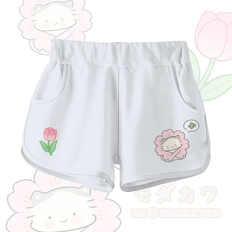 Zweiteiliges Set von Modakawa: T-Shirt aus 100 % Baumwolle mit Blumen-Katzenmotiv und Farbverlauf-Shorts - Weiße Shorts - 5XL - image 6