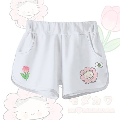Zweiteiliges Set von Modakawa: T-Shirt aus 100 % Baumwolle mit Blumen-Katzenmotiv und Farbverlauf-Shorts - Weiße Shorts - 5XL - image 6