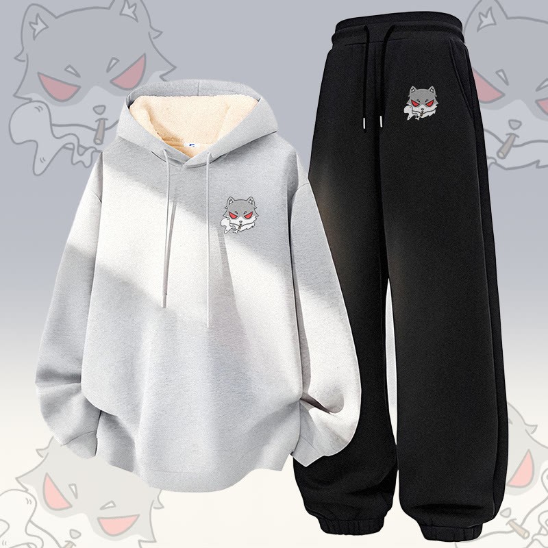 MODAKAWA Smoking Wolf Grafik-Hoodie mit dickem Fleecefutter, zweiteiliges Set - Grey&Black - 5XL - image 2