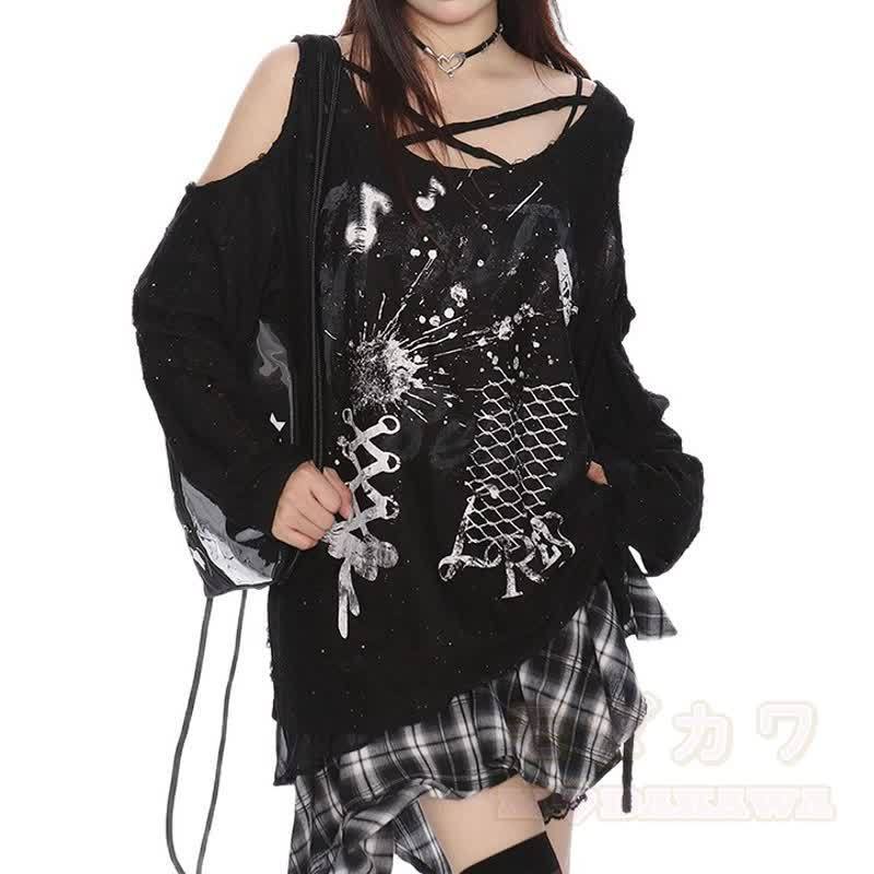 Y2K Langarmshirt mit Graffiti-Print und Cut-outs, schulterfrei - image 6