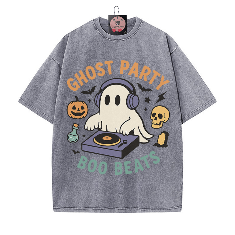 GHOST PARTY BOO BEATS DJ Ghost Grafik Unisex Vintage gewaschenes T-Shirt - Grau - 5XL - image 4