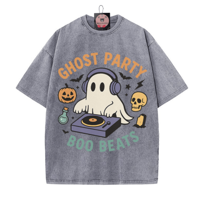 GHOST PARTY BOO BEATS DJ Ghost Grafik Unisex Vintage gewaschenes T-Shirt - Grau - 5XL - image 4