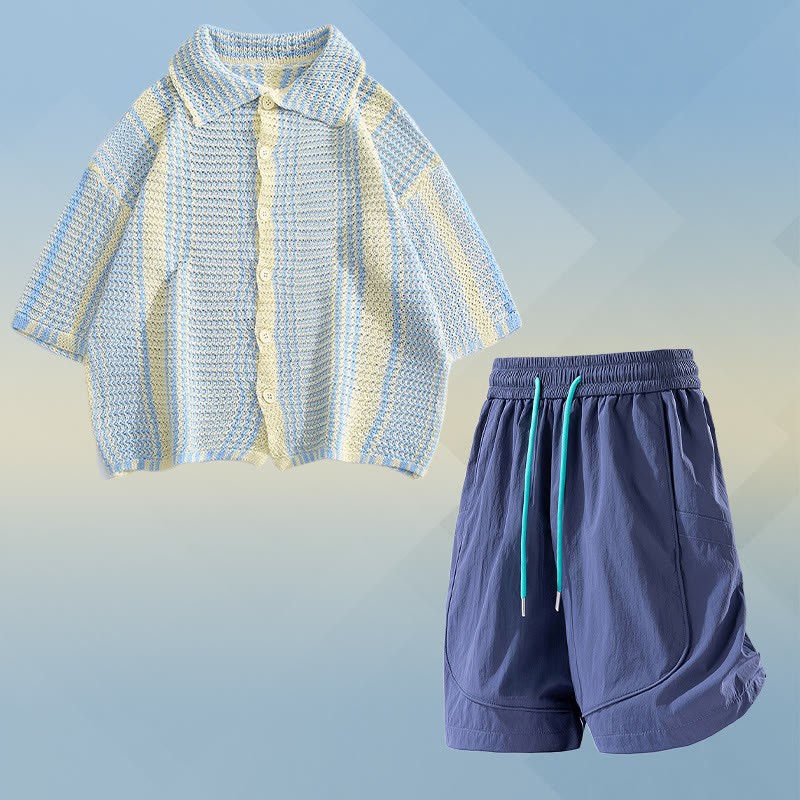 Gestreiftes Strickpoloshirt, schnelltrocknende Shorts mit Kordelzug, passendes Modakawa-Outfit - Two Pieces Set F - 2XL - image 6