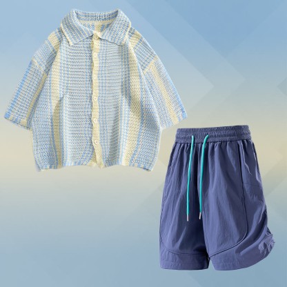 Gestreiftes Strickpoloshirt, schnelltrocknende Shorts mit Kordelzug, passendes Modakawa-Outfit - Two Pieces Set F - 2XL - image 6