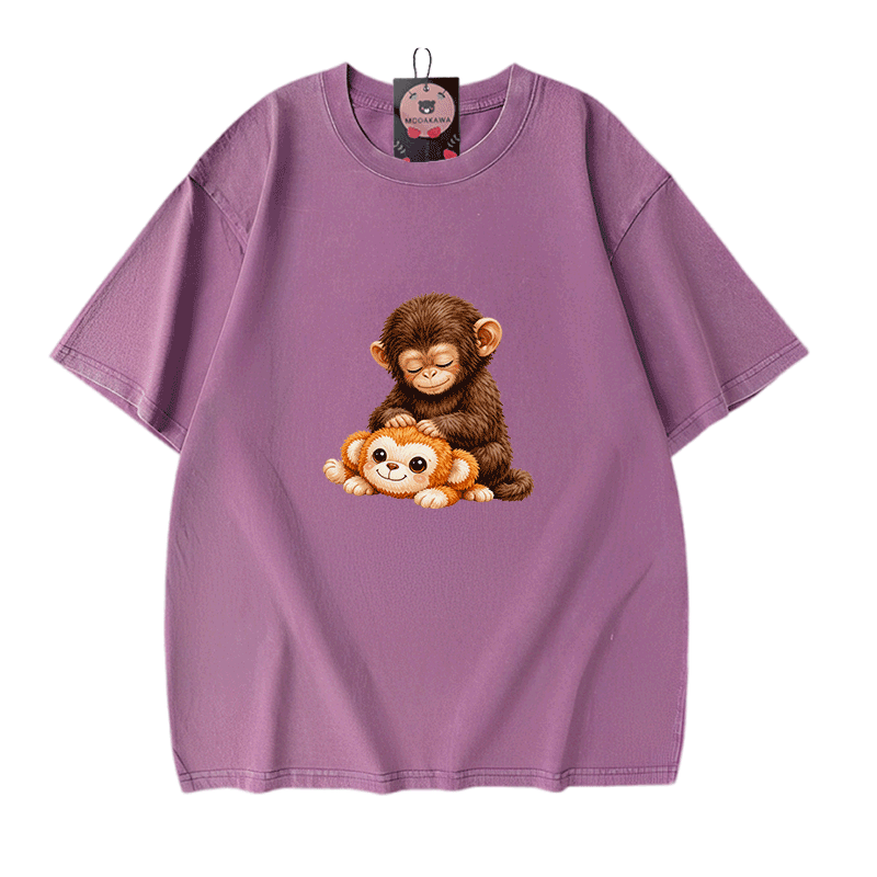 PUNCH Monkey Graphic Modakawa Vintage Washed 100% Cotton T-Shirt - Purple - 5XL - image 7