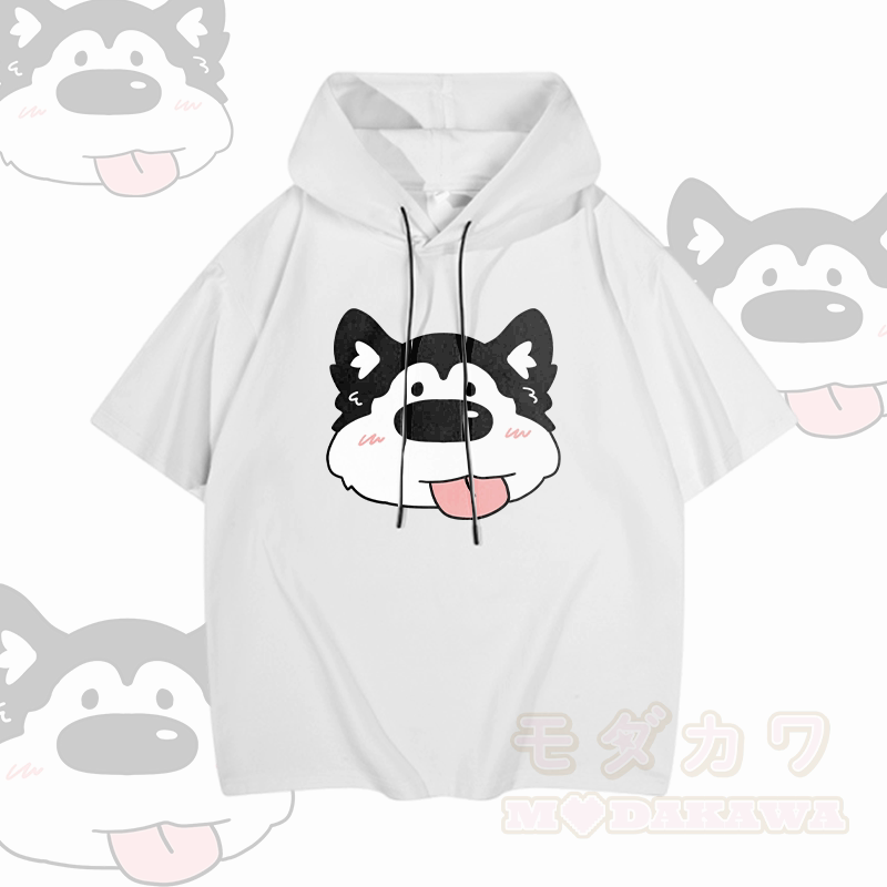 MODAKAWA Kurzarm-Hoodie mit Welpenmotiv „Zunge raus“ - Weiß - 3XL - image 3