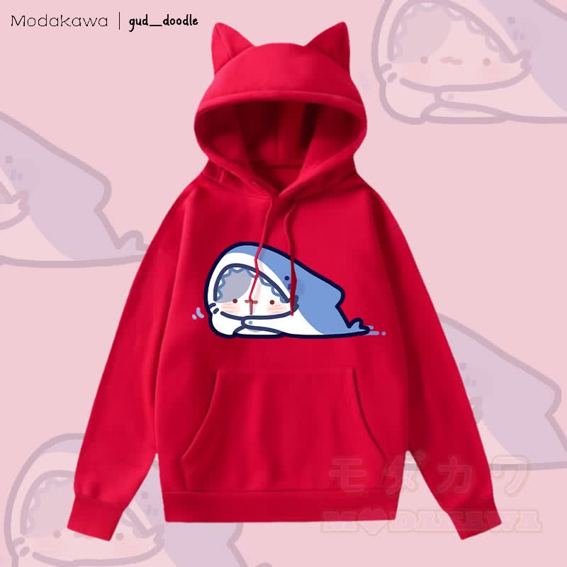 MODAKAWA x gud_doodle Kitty Shark Grafik-Kapuzenpullover mit Fleece-Futter und Katzenohren - Rot - 2XL - image 3