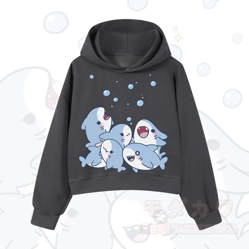 MODAKAWA X atka Shark Print Cropped Cotton Hoodie - Dunkelgrau - 3XL - image 3