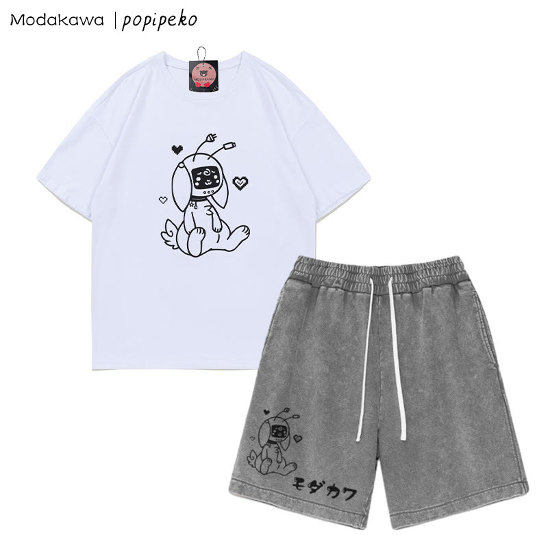 T-Shirt mit Robot Bunny-Grafik und verwaschenen Vintage-Shorts, zweiteiliges Set - White&Grey - 3XL - image 8