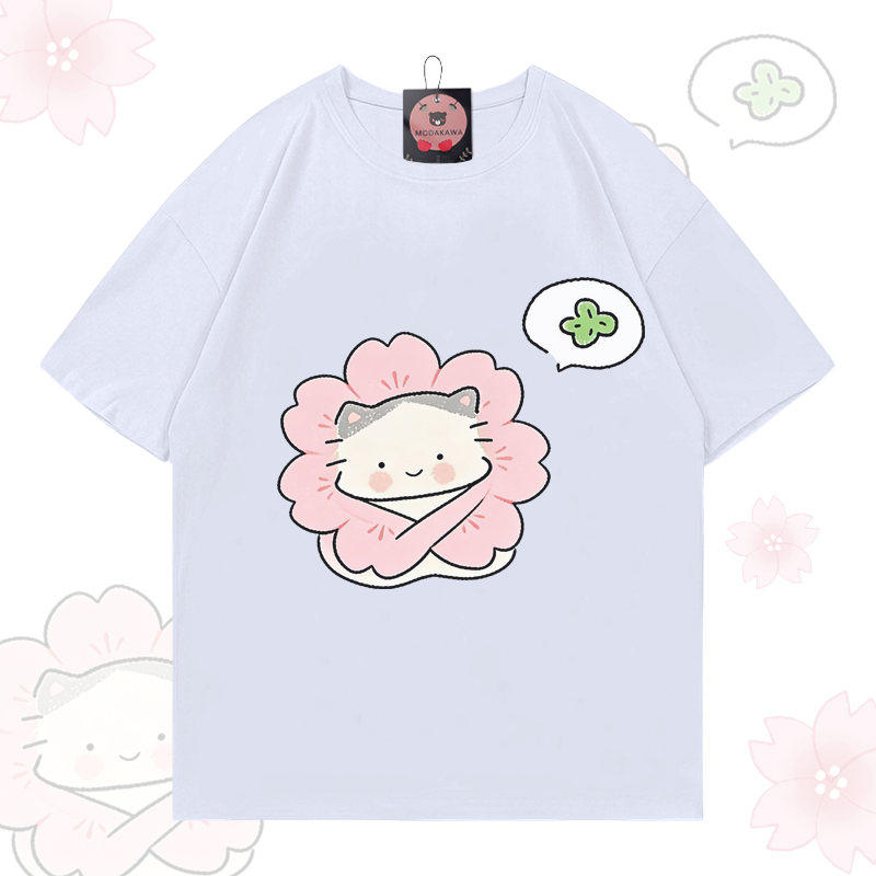 Modakawa T-Shirt aus 100 % Baumwolle mit niedlichem Blumen- und Katzenmotiv - White - 5XL - image 3