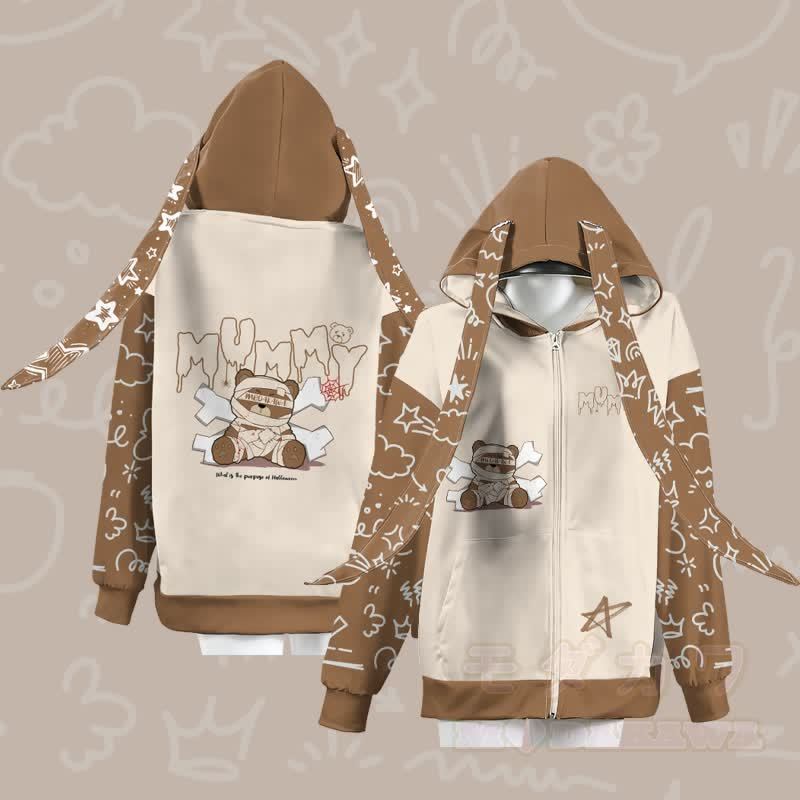 MODAKAWA Kapuzenpullover mit Mumienbär-Motiv, Reißverschluss und langen Hasenohren - image 3