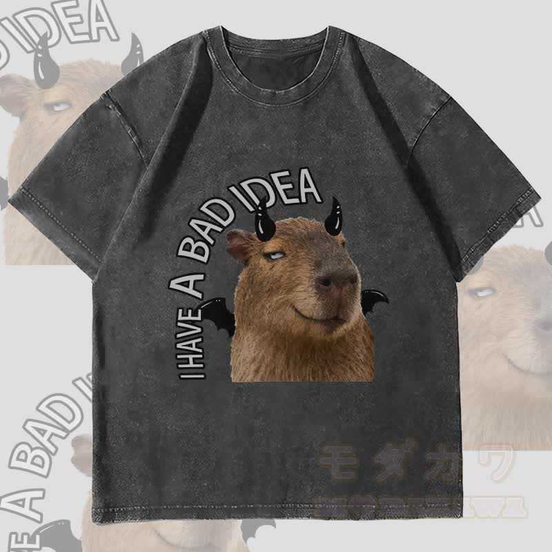 MODAKAWA ICH HABE EINE SCHLECHTE IDEE Teufels-Capybara-Grafik Unisex Vintage Washed T-Shirt - Schwarz - 4XL - image 4