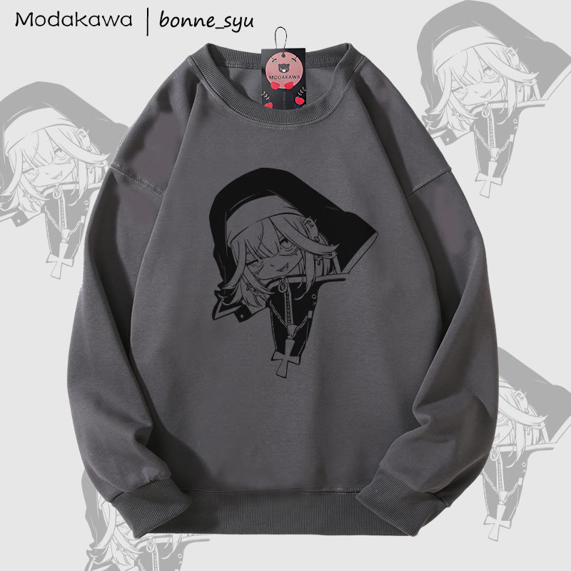 MODAKAWA X bonne_syu Gothic Nun Graphic Unisex Sweatshirt - Dark Grey - 5XL - image 4