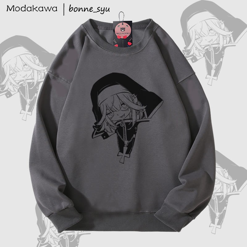 MODAKAWA X bonne_syu Gothic Nun Graphic Unisex Sweatshirt - Dark Grey - 5XL - image 4