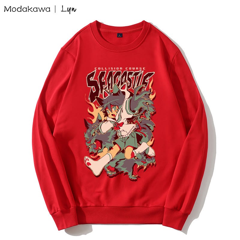MODAKAWA X Lyn COLLISION COURSE Sweatshirt mit rundem Kragen und Kitty-Girl-Print - Red - 5XL - image 3