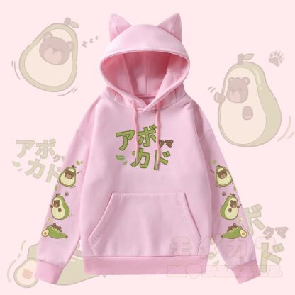 MODAKAWA Kapuzenpullover mit Avocado-Bär-Grafik, Taschenfutter und Fleece-Einsatz sowie Katzenohren  - Rosa - 2XL - image 3